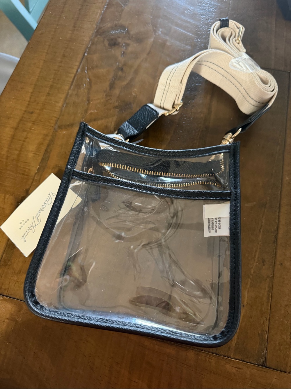 Universal Thread Clear PVC Crossbody Bag Black Trim Zip Pocket Beige Canvas Stra